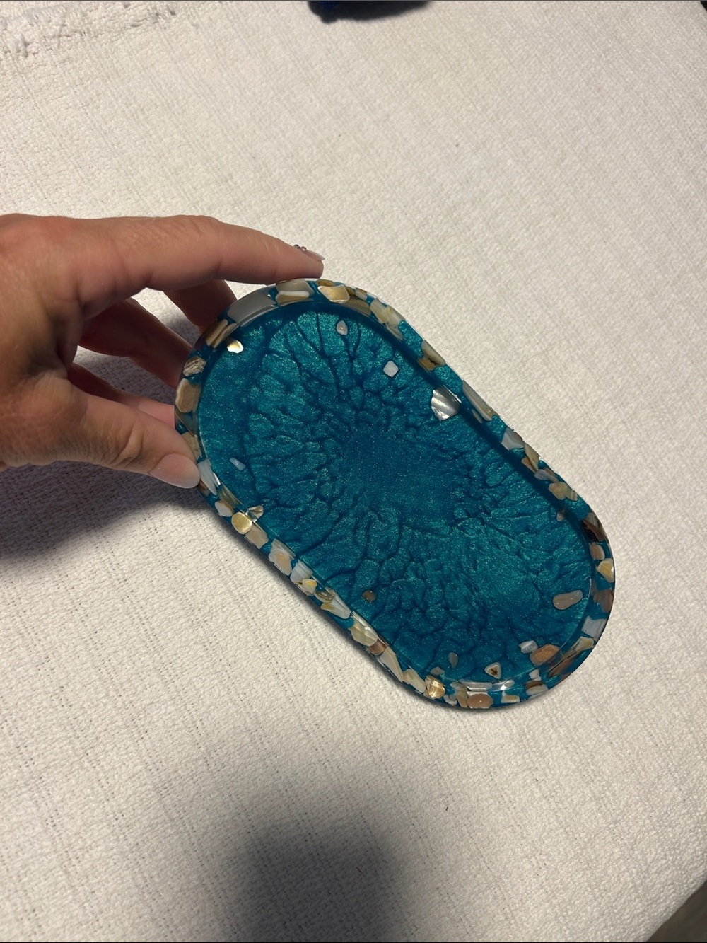 Handcrafted Teal Resin Jewelry Tray with Shell Inlay